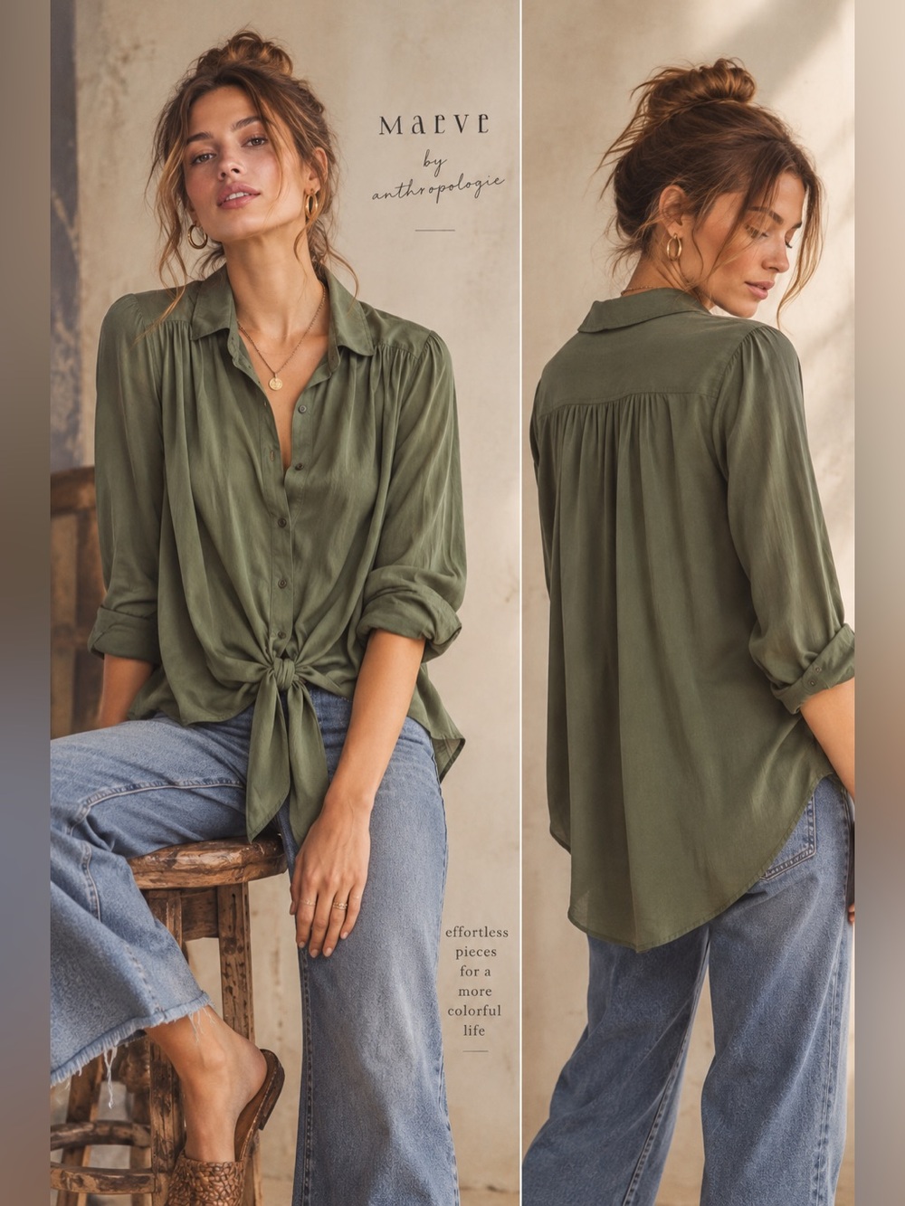 Maeve Anthropologie Olive Tie Front Blouse Sz Small